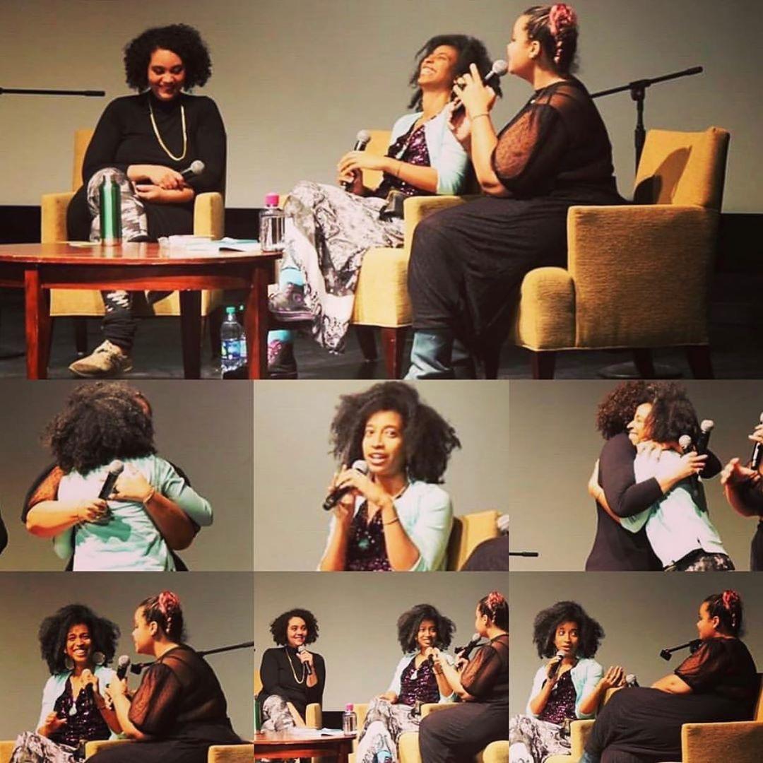 A photo collage of Autumn Brown, adrienne maree brown, and Alexis Pauline Gumbs on stage at the live podcast. They are smiling, laughing, and hugging in the various photos.